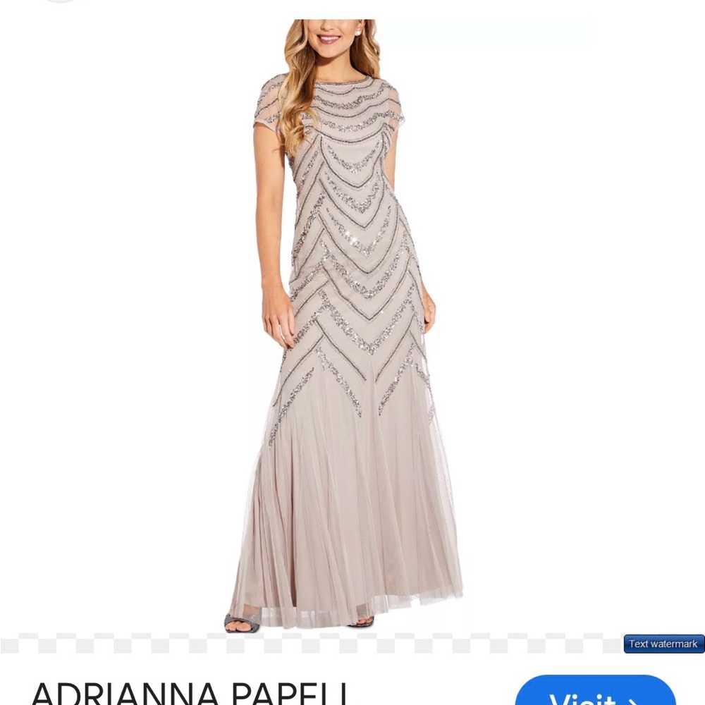 Adrianna Papell Blush Beaded Cap-Sleeve Tulle Evening Gown